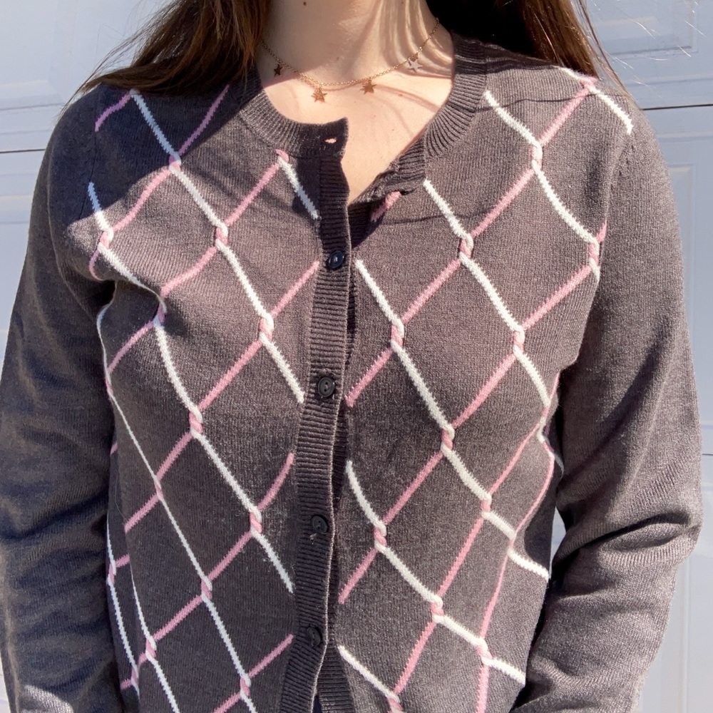 Gray Cardigan Sweater with Pink and White Accents | Size Small | Argyle Pattern